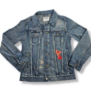 Old Navy Kids Denim Trucker Jacket Distressed Size XL Rainbow Fox Cartoon